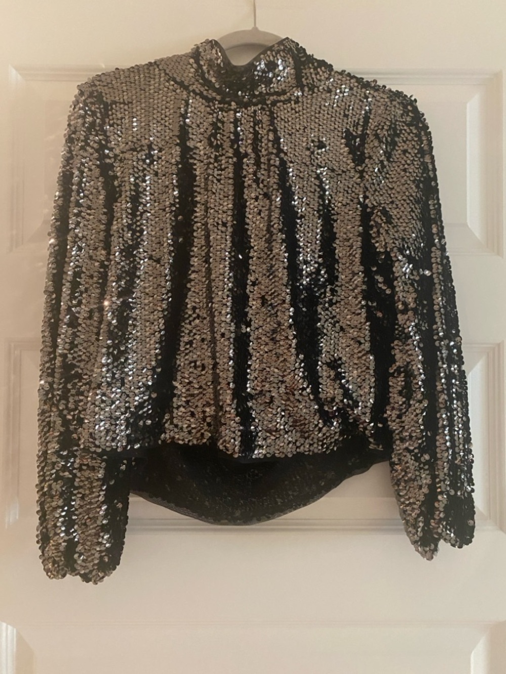 Vici Women’s Black and Silver Sequin Mock-Neck Long Sleeve Top - Backless